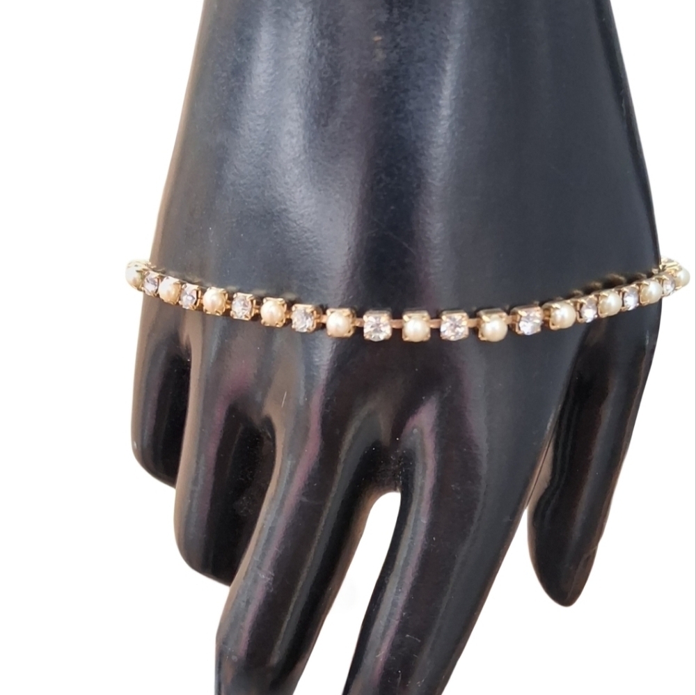 Vintage AVON Faux Pearl & Rhinestone Tennis Bracelet Gold Tone